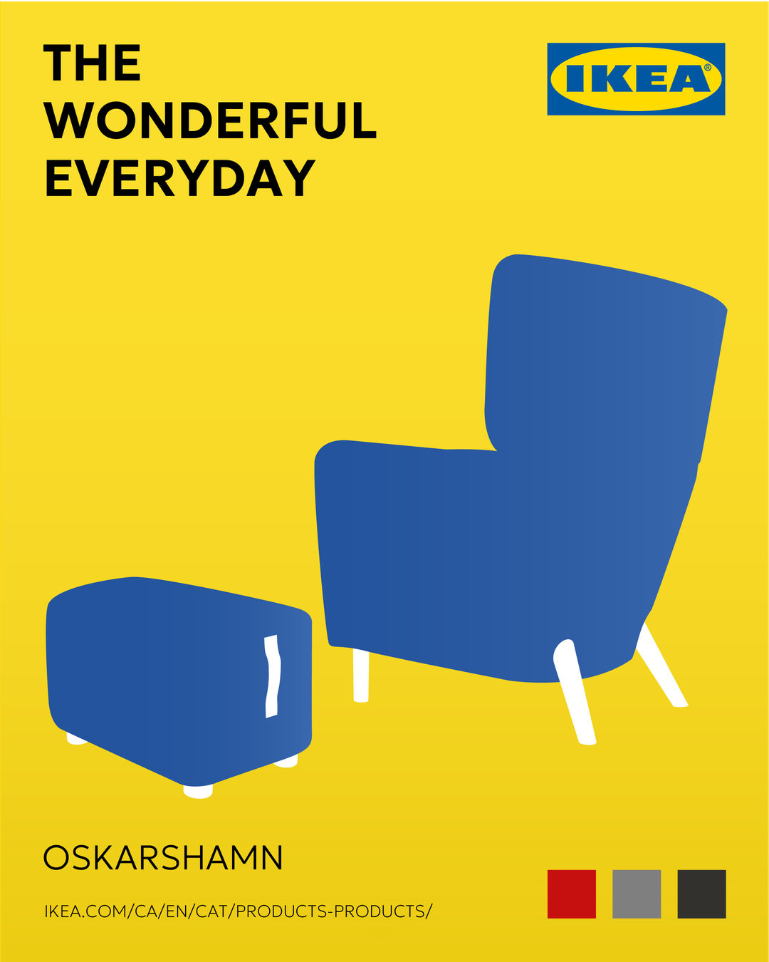 IKEA ad, The Wonderful Everyday: the Oskarshamn armchair and footstool in blue on yellow