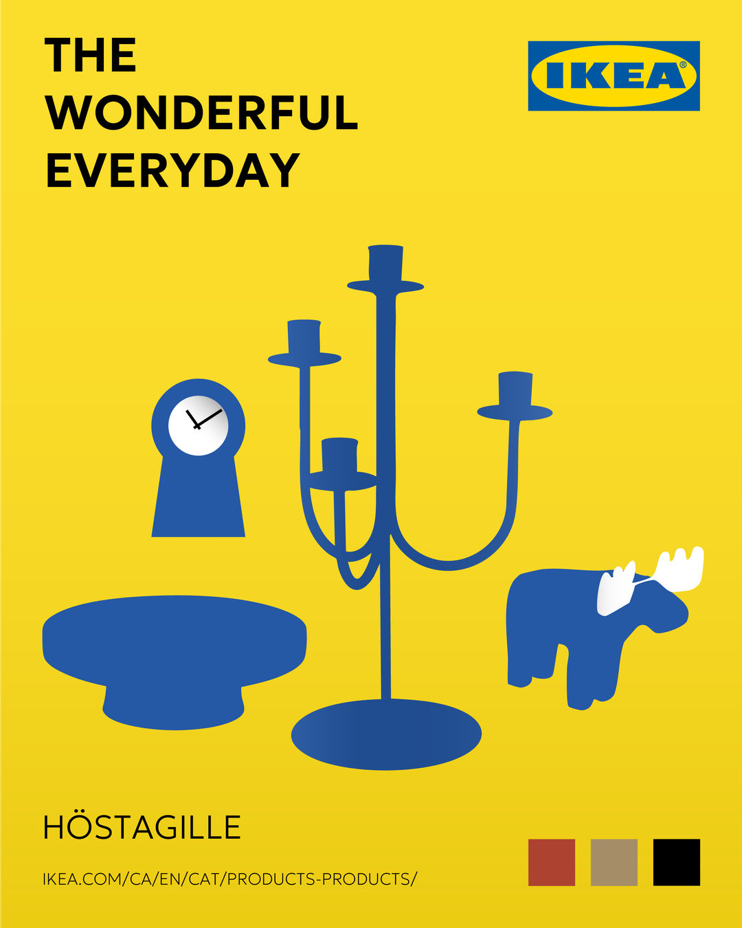 IKEA ad: Höstagille candelabra, clock, platter and moose in blue on yellow