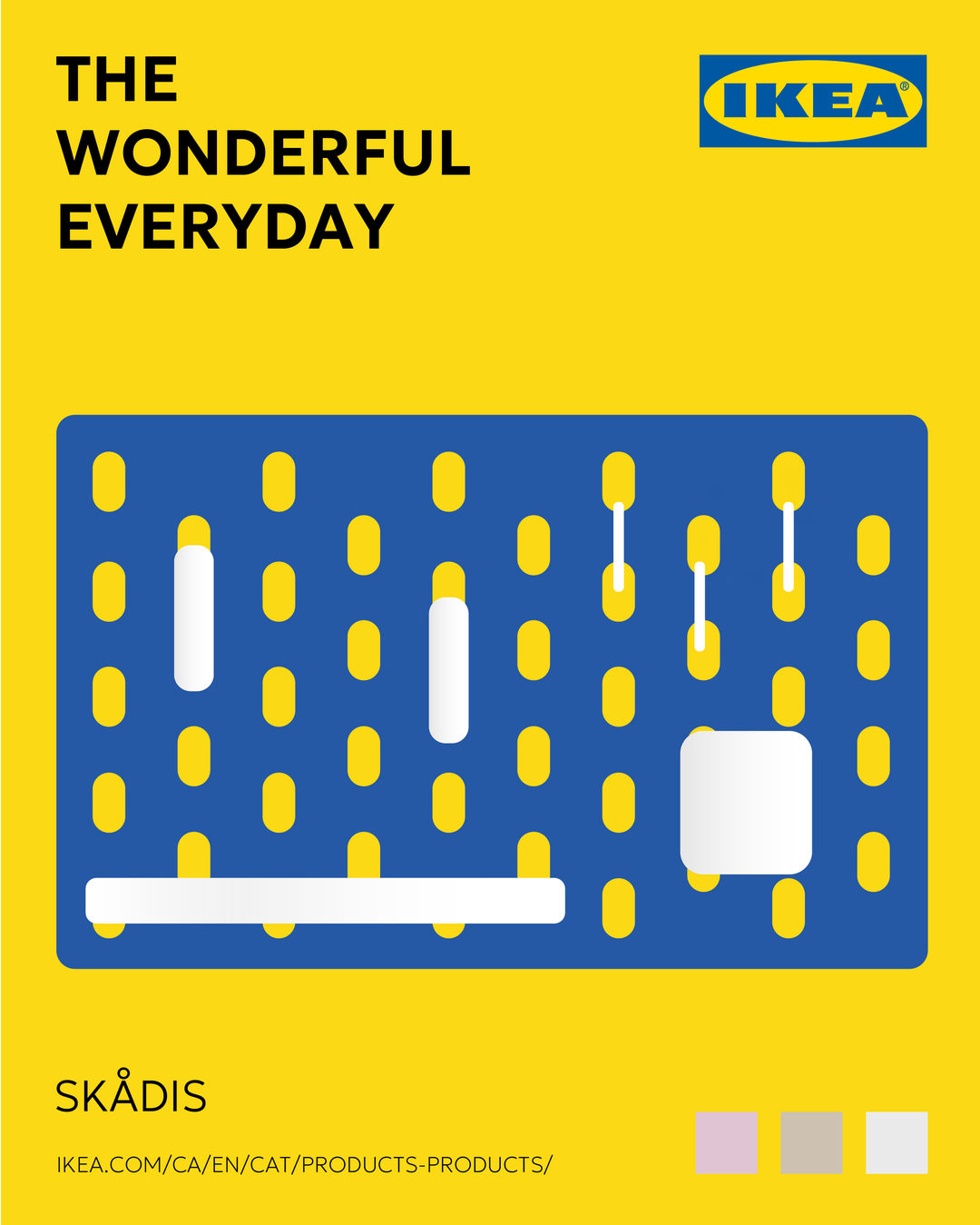 IKEA ad: a Skådis pegboard with hooks and shelves in blue on yellow