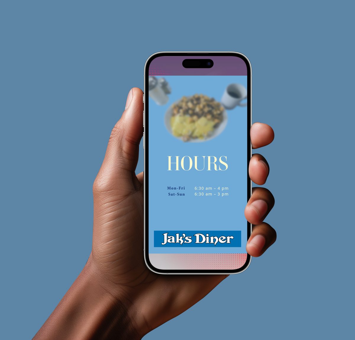 Phone held in a hand, showing the opening hours story under the Jak’s Diner logo