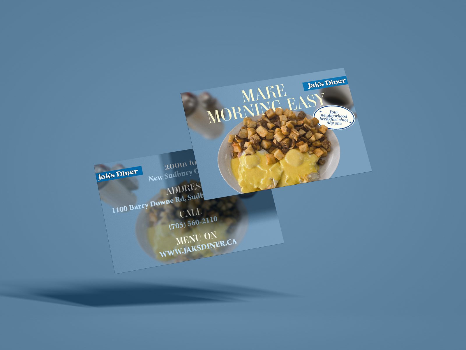 Front and back of the Jak’s Diner mailer floating over a blue background