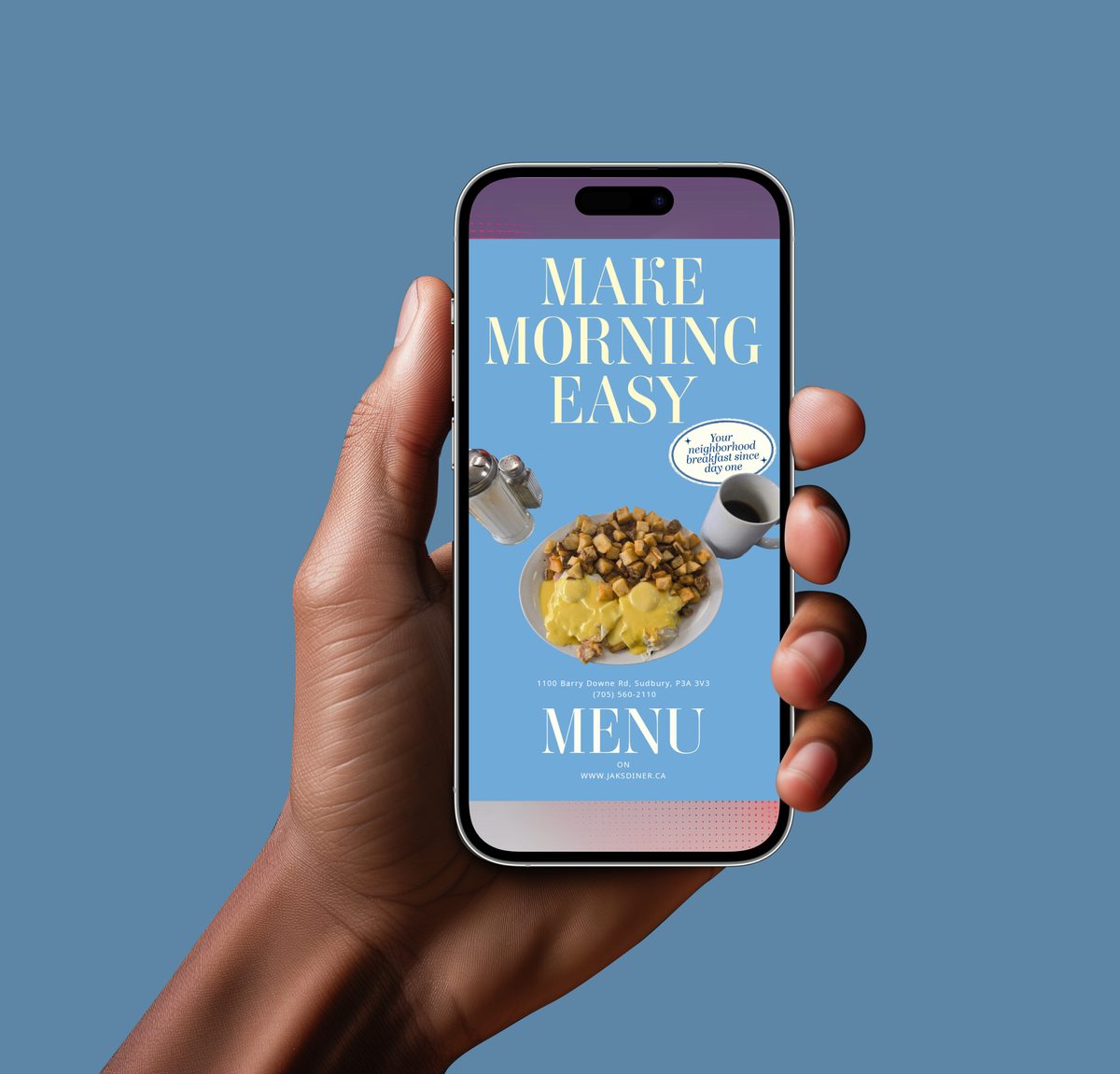 Phone held in a hand, showing the Make Morning Easy story with a link to the menu