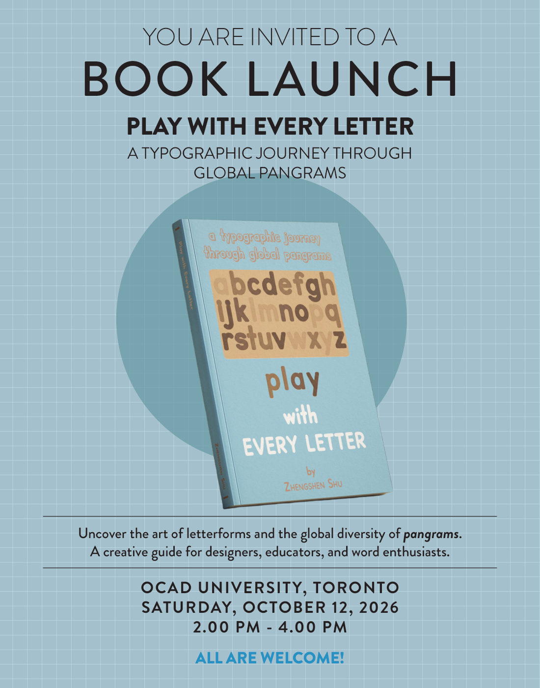 Book launch poster, Play with Every Letter, with the book cover in the centre