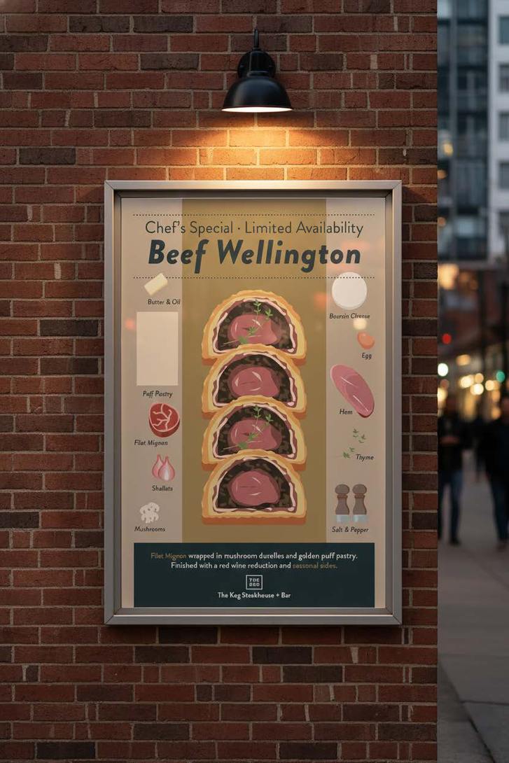 Beef Wellington poster for a restaurant, lit on a brick wall