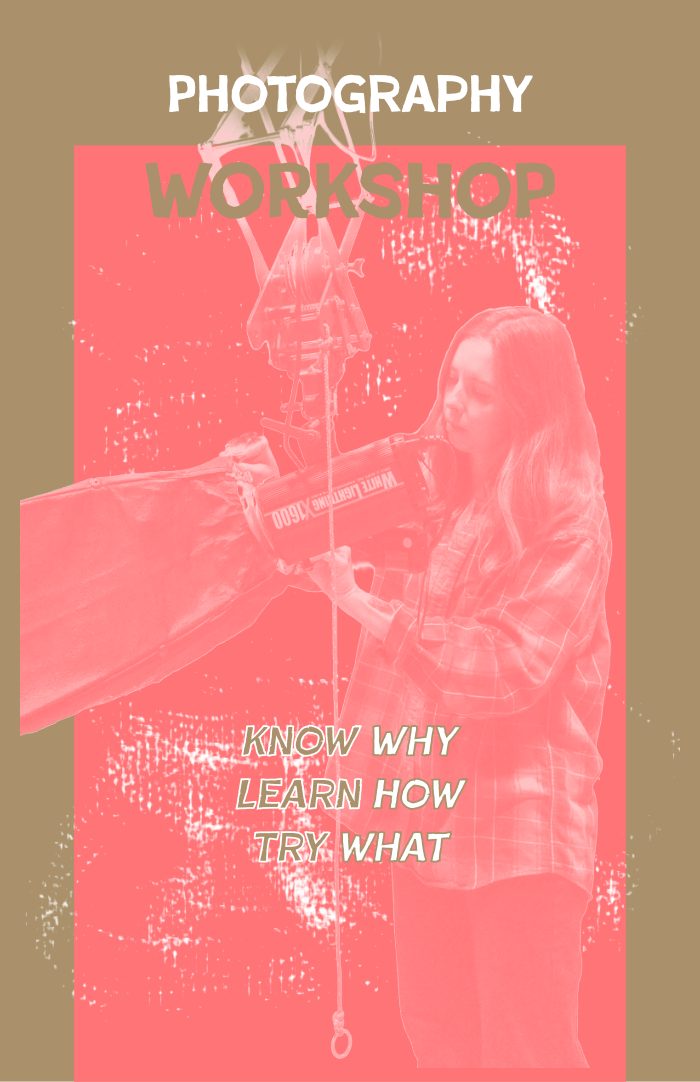 Photography workshop poster in orange and gold: a person adjusting a studio light
