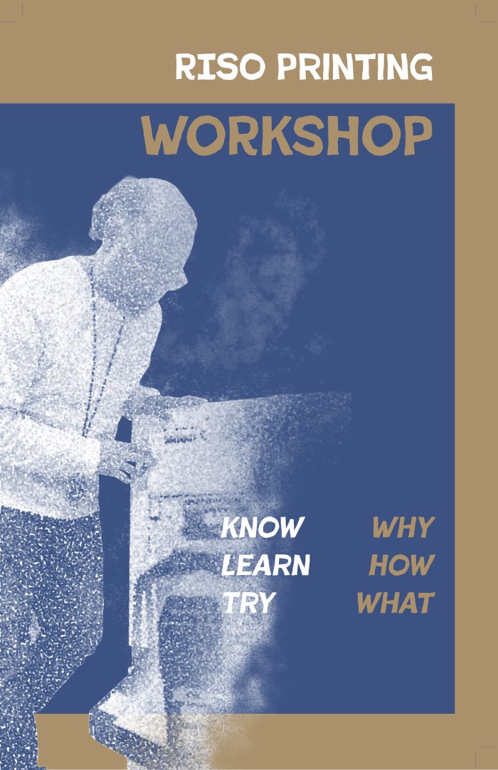 Riso printing workshop poster in blue and gold: a man at a riso printer, in stipple