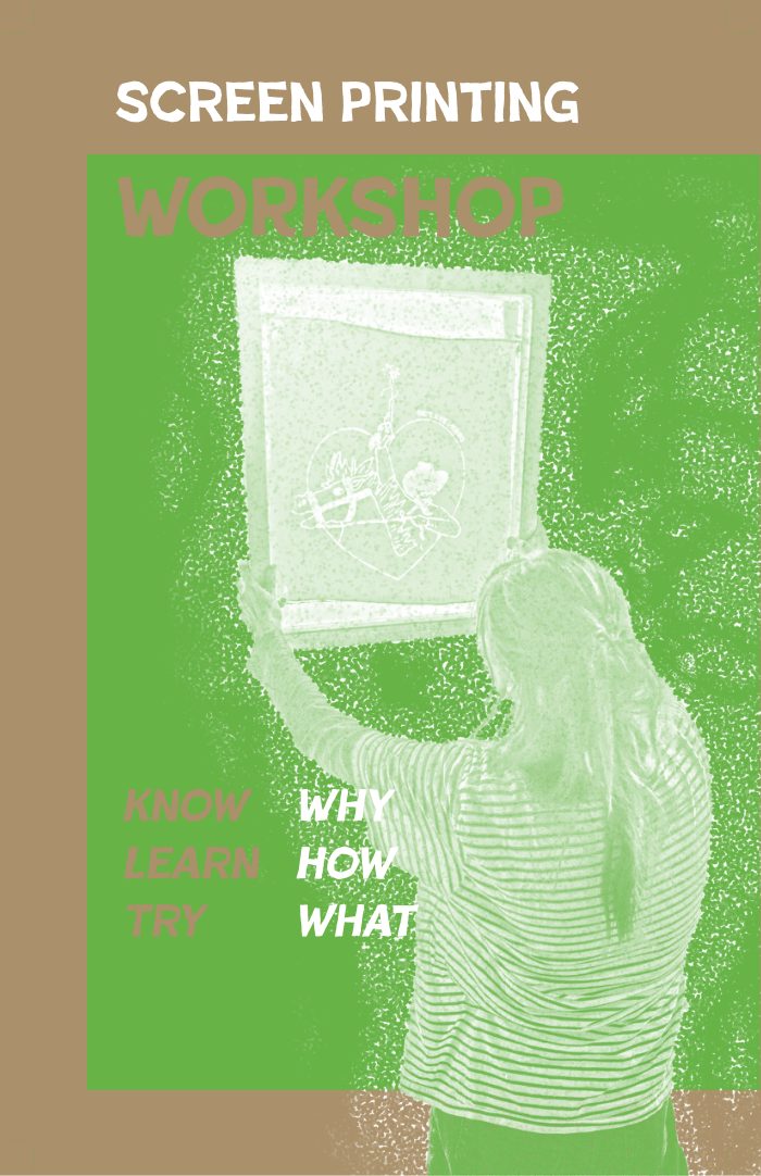 Screen printing workshop poster in green and gold: a person holding up a screen to the light