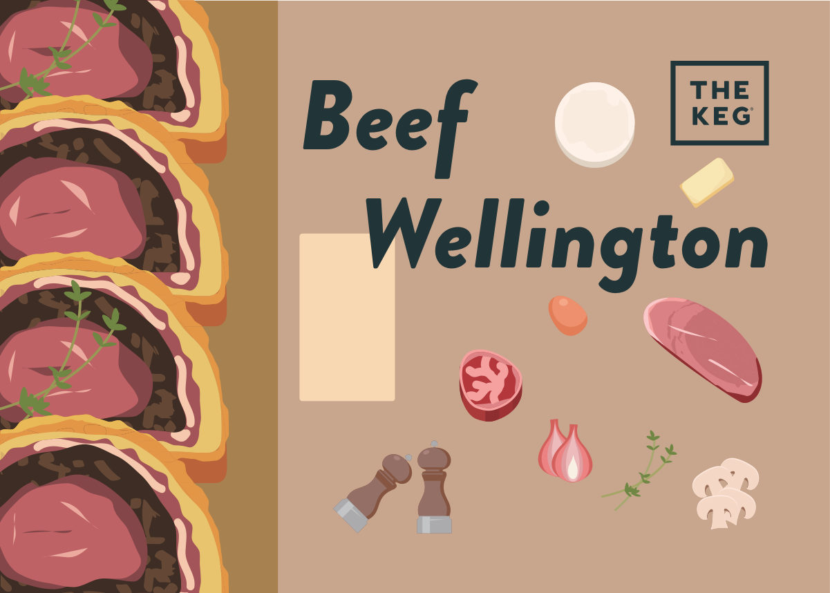 Postcard front with the stacked slices and the ingredients on a warm brown ground