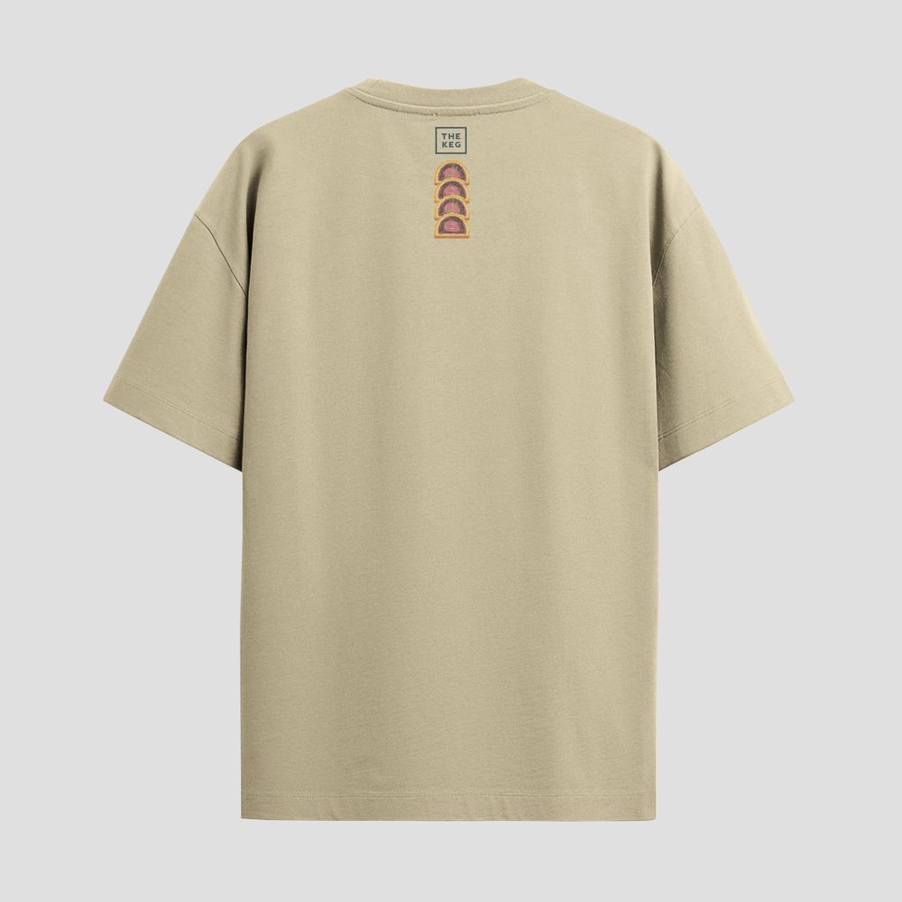 T-shirt back with a small stack of slices below the collar