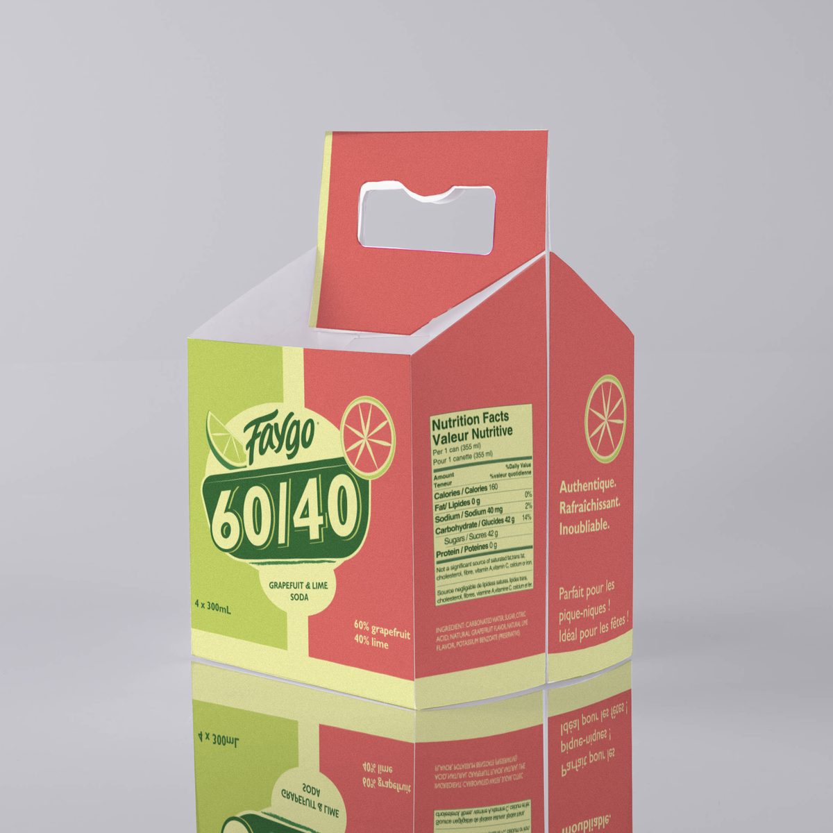 The carrier at a 45-degree angle: the 60/40 logo on one panel, the nutrition table on the next