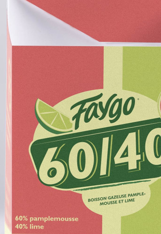 Close-up of the carrier’s 60/40 logo and the line 60% pamplemousse, 40% lime