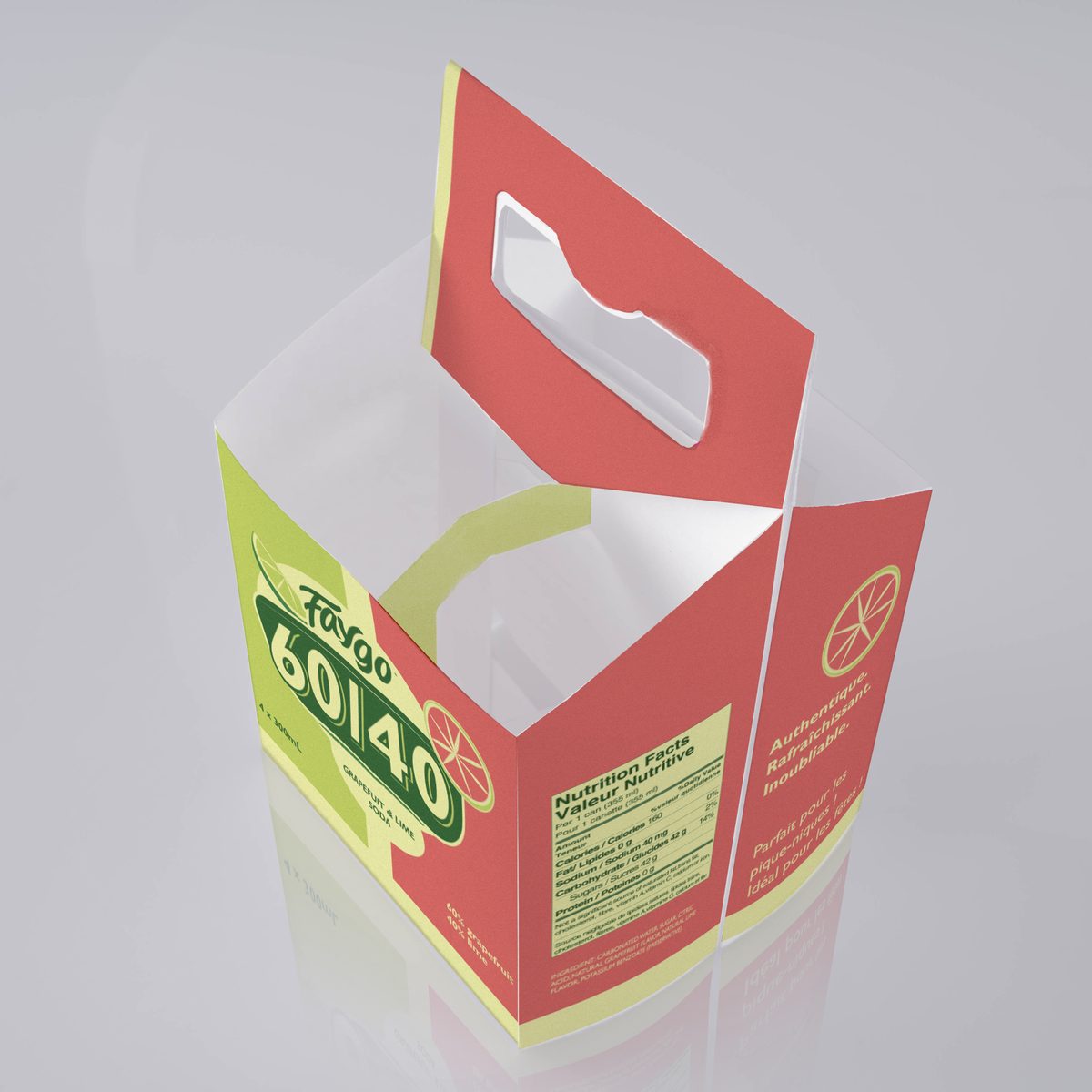 The four-bottle carrier from above at an angle, open, with the handle panel rising from the centre