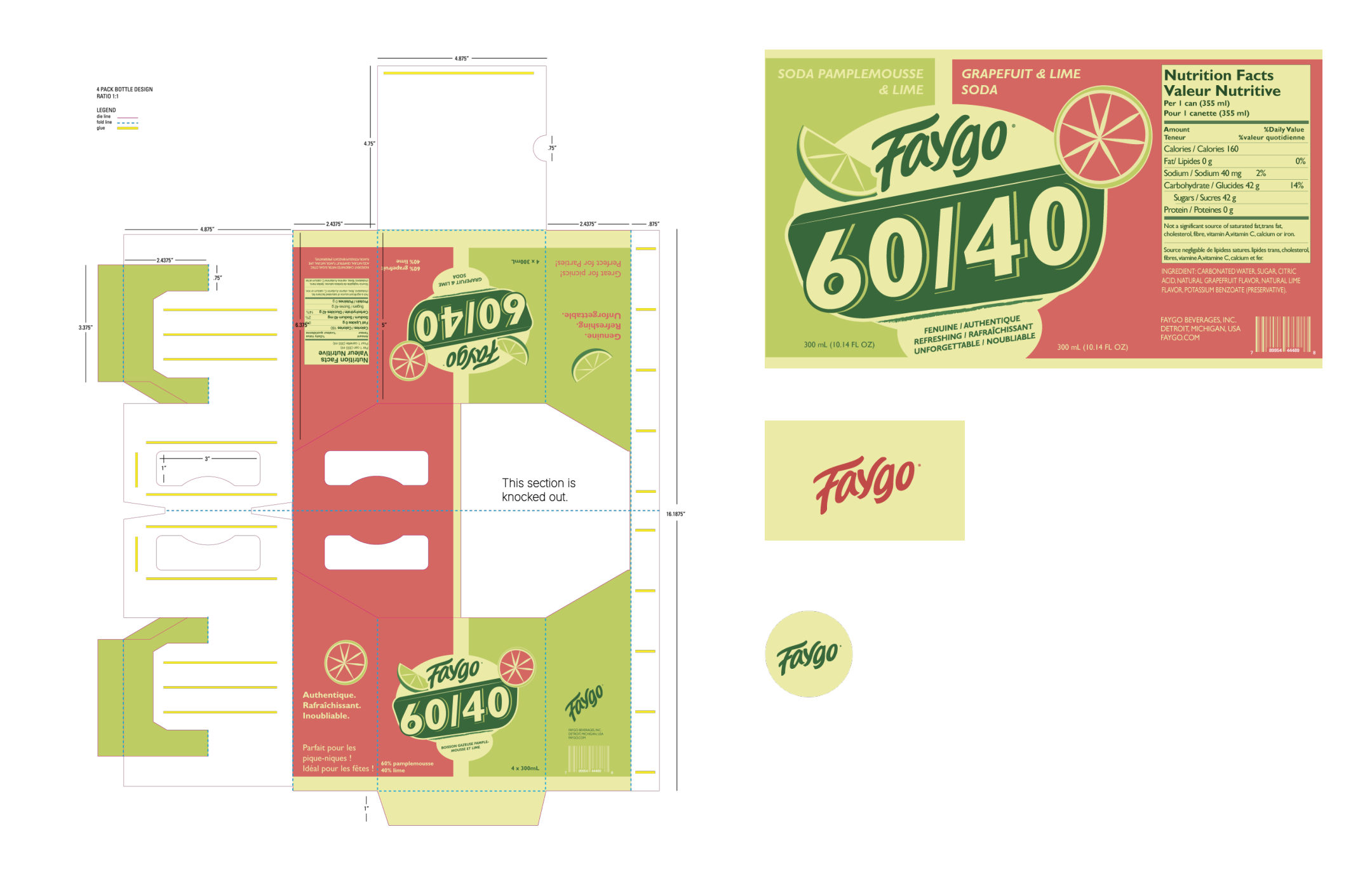 Flat artwork: the carrier’s die line with folds and glue areas marked, next to the body label, neck label and cap