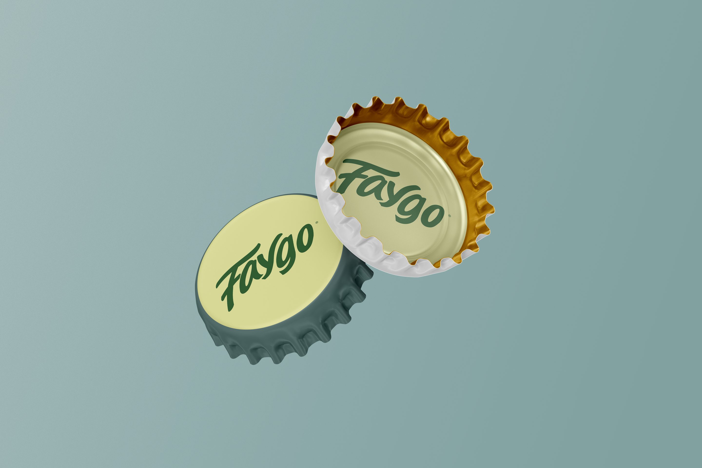 Two Faygo bottle caps on a sage background, one face up and one showing its gold underside
