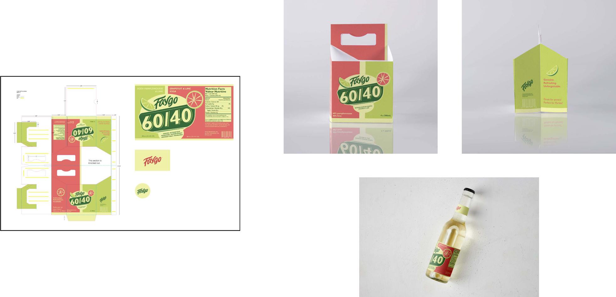 Carrier die line and label artwork beside photos of the printed carrier and bottle
