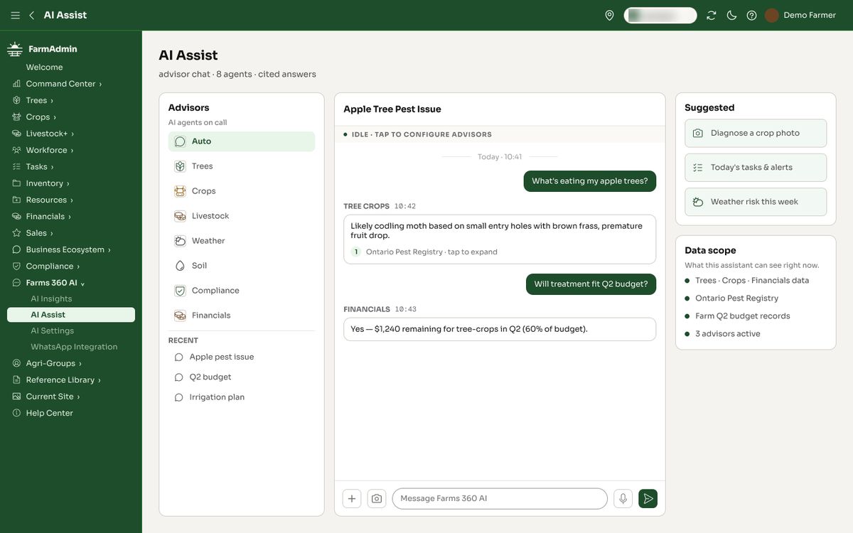 AI Assist page with a list of advisors, a chat about an apple tree pest with a cited answer, and suggested prompts