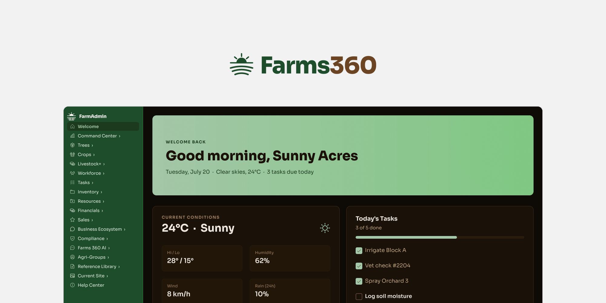 The Farms360 logo above the Farm Admin welcome screen in the dark theme