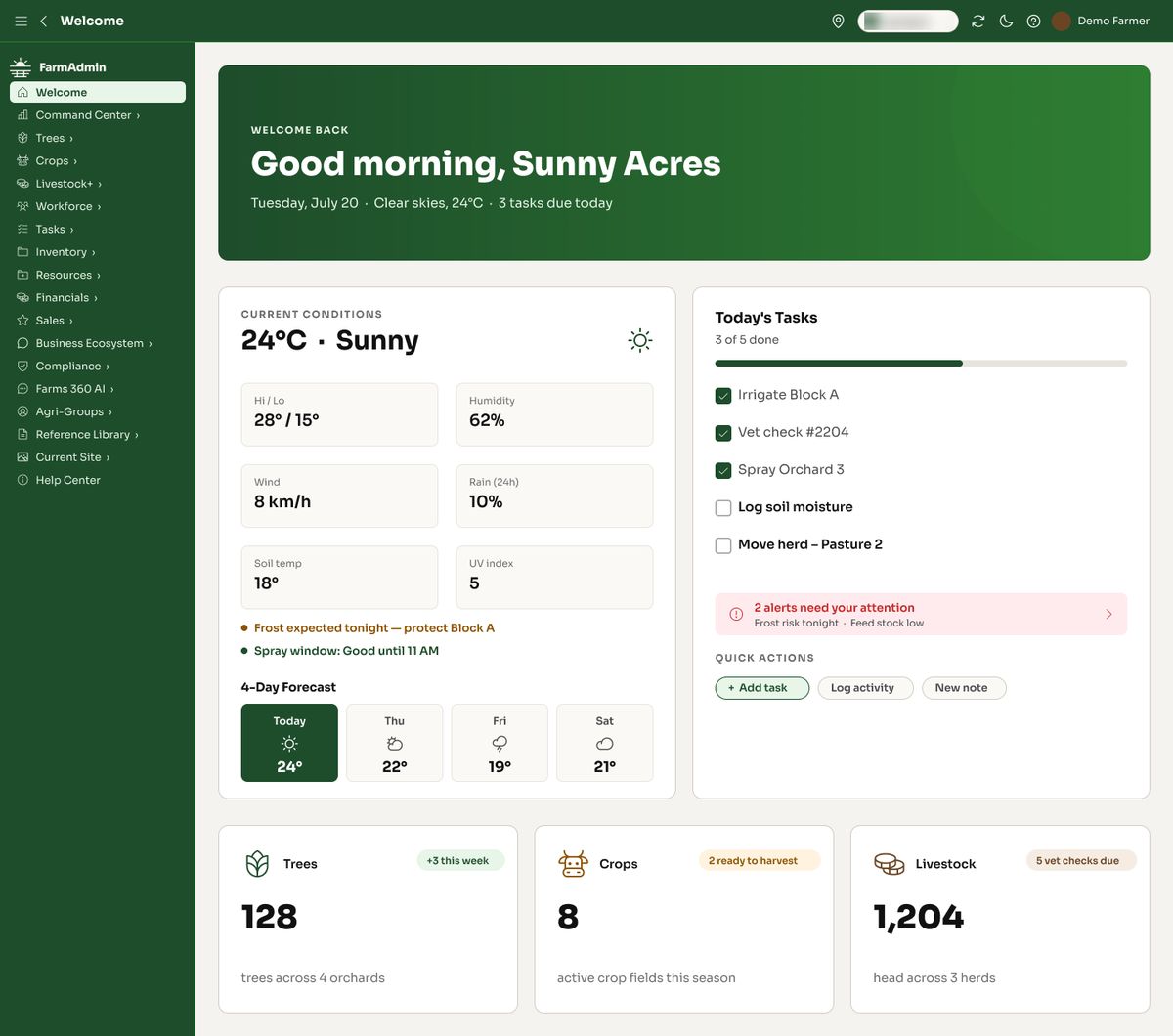 Welcome screen in the light theme with weather, today&rsquo;s tasks and farm totals