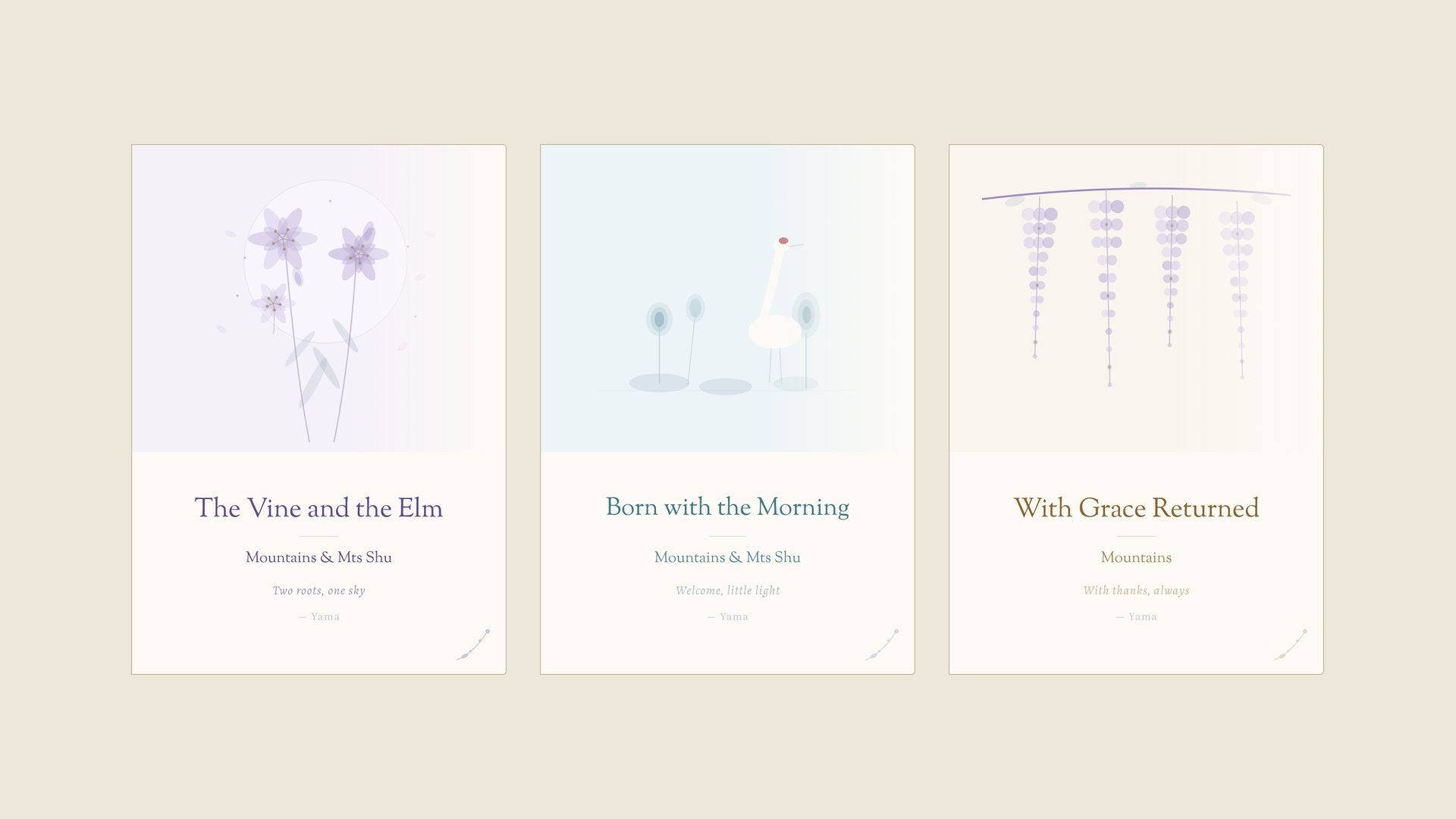 Three greeting card fronts: The Vine and the Elm, Born with the Morning, and With Grace Returned