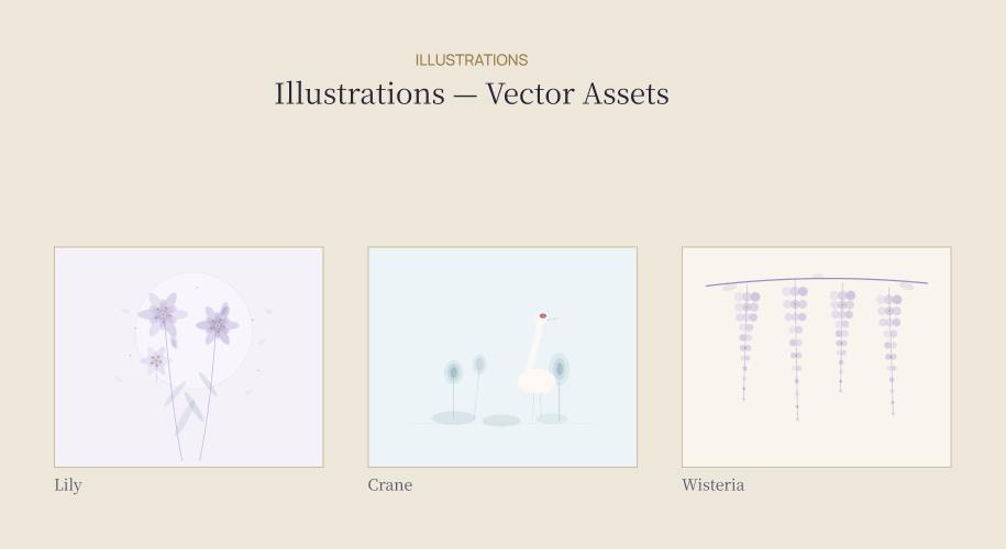 Lily, crane and wisteria illustrations