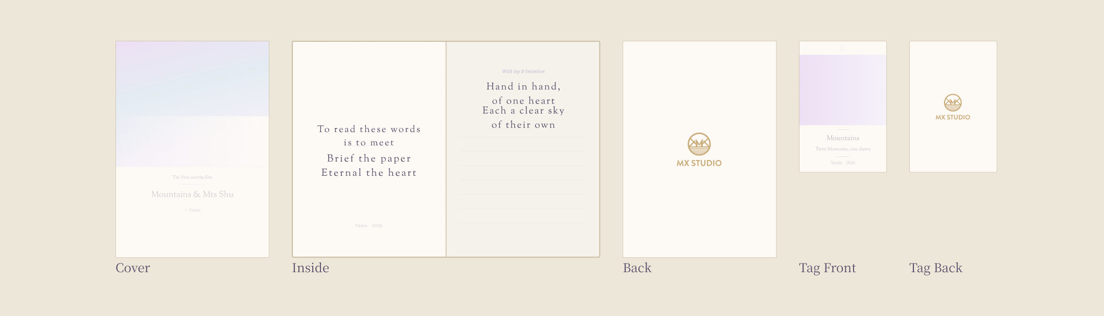 Card components: cover, inside spread, back cover with the MX Studio mark, and the front and back of the hang tag