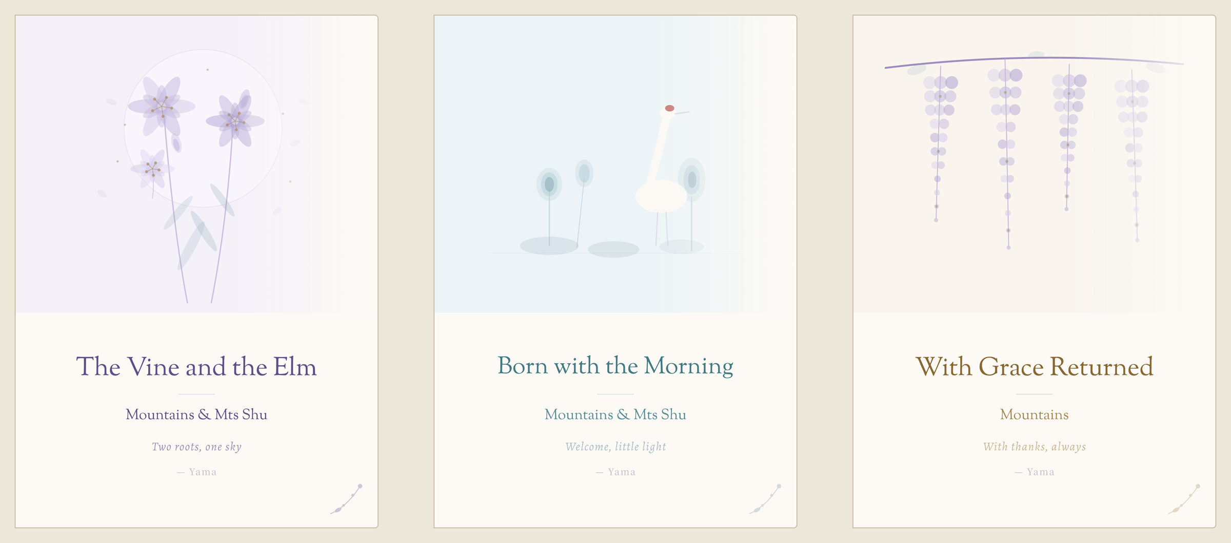 Three folded cards: The Vine and the Elm with lilies for a wedding, Born with the Morning with a crane for a newborn, and With Grace Returned with wisteria for a thank-you