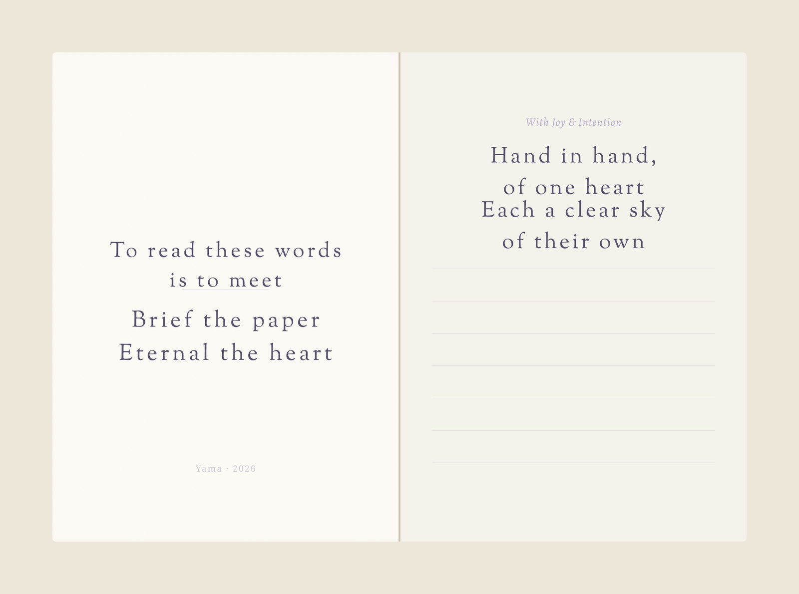 Inside spread of the wedding card: the shared left page and the card’s own message above lines for writing