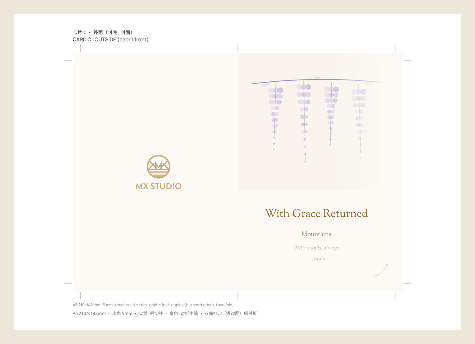 Print sheet for the outside of the thank-you card in English, with crop marks