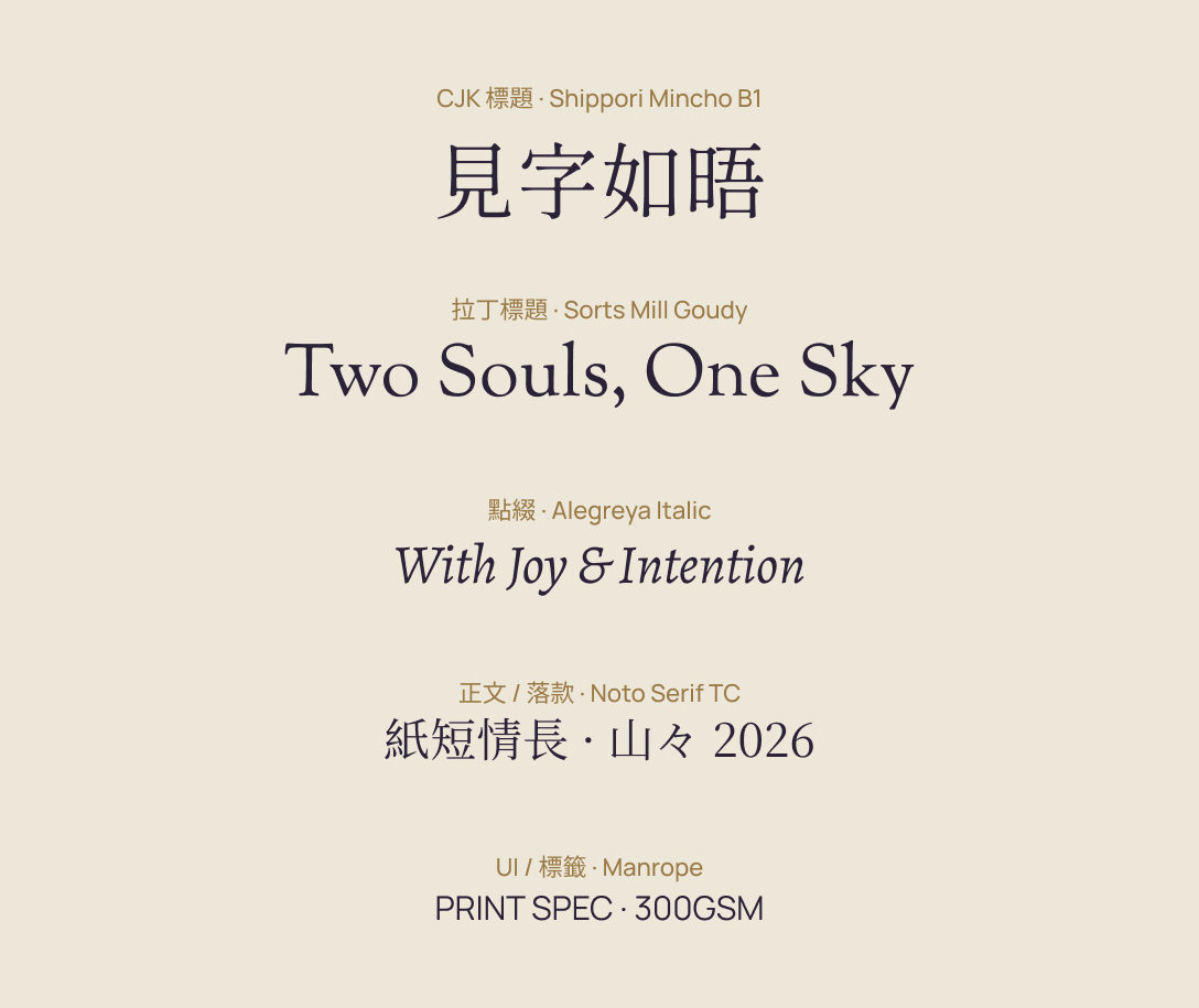Type specimens from the Chinese set: Shippori Mincho B1, Sorts Mill Goudy, Alegreya Italic, Noto Serif TC and Manrope