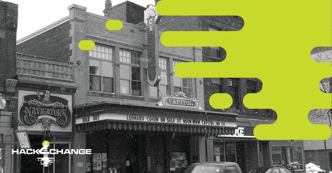 LinkedIn cover with lime shapes over the black and white Capitol Theatre photo and the hack4change logo