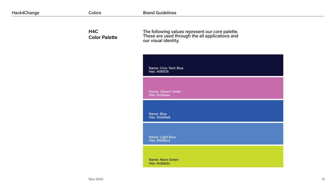 Brand guideline page: the H4C colour palette, Civic Tech Blue, Vibrant Violet, Blue, Light Blue and Neon Green