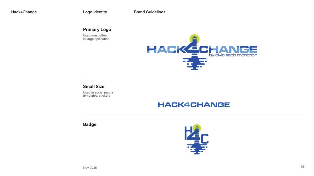 Brand guideline page: the primary logo, the small size and the badge