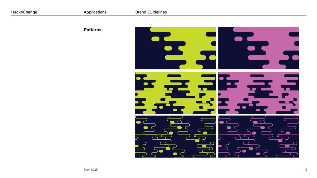 Brand guideline page: six pattern tiles in navy, lime and pink