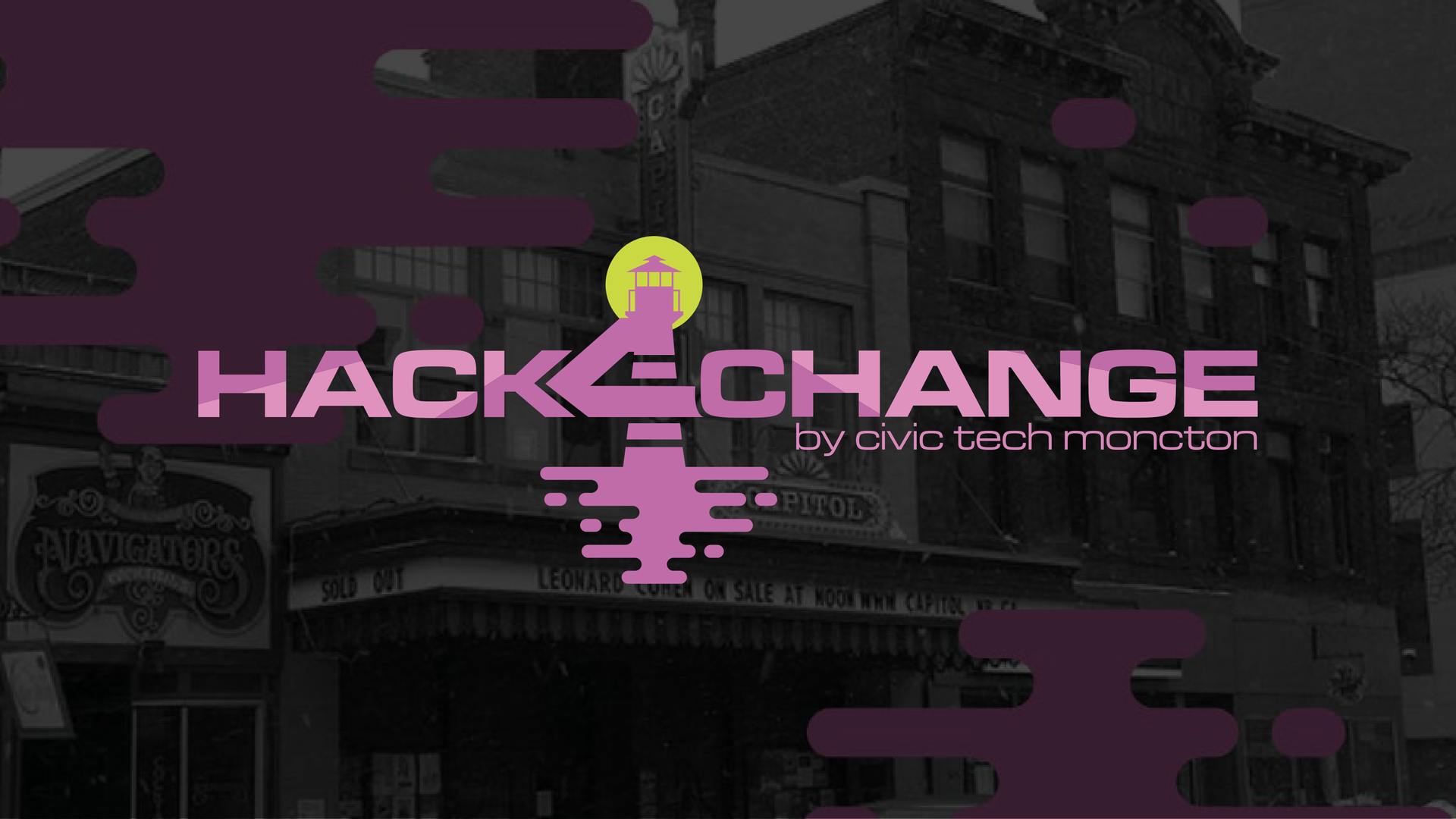 hack4change logo over a black and white photo of the host city