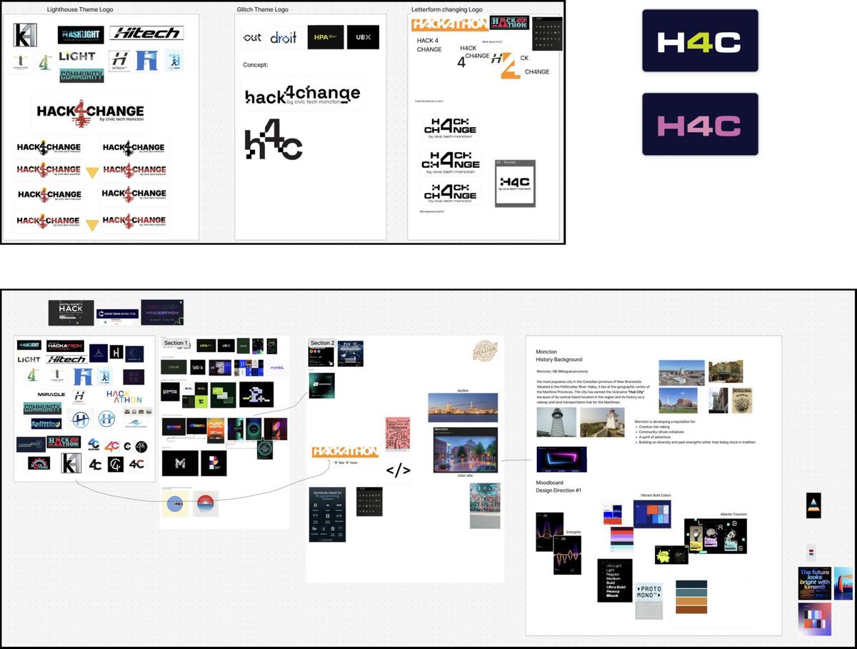 Logo explorations for hack4change, including the H4C mark