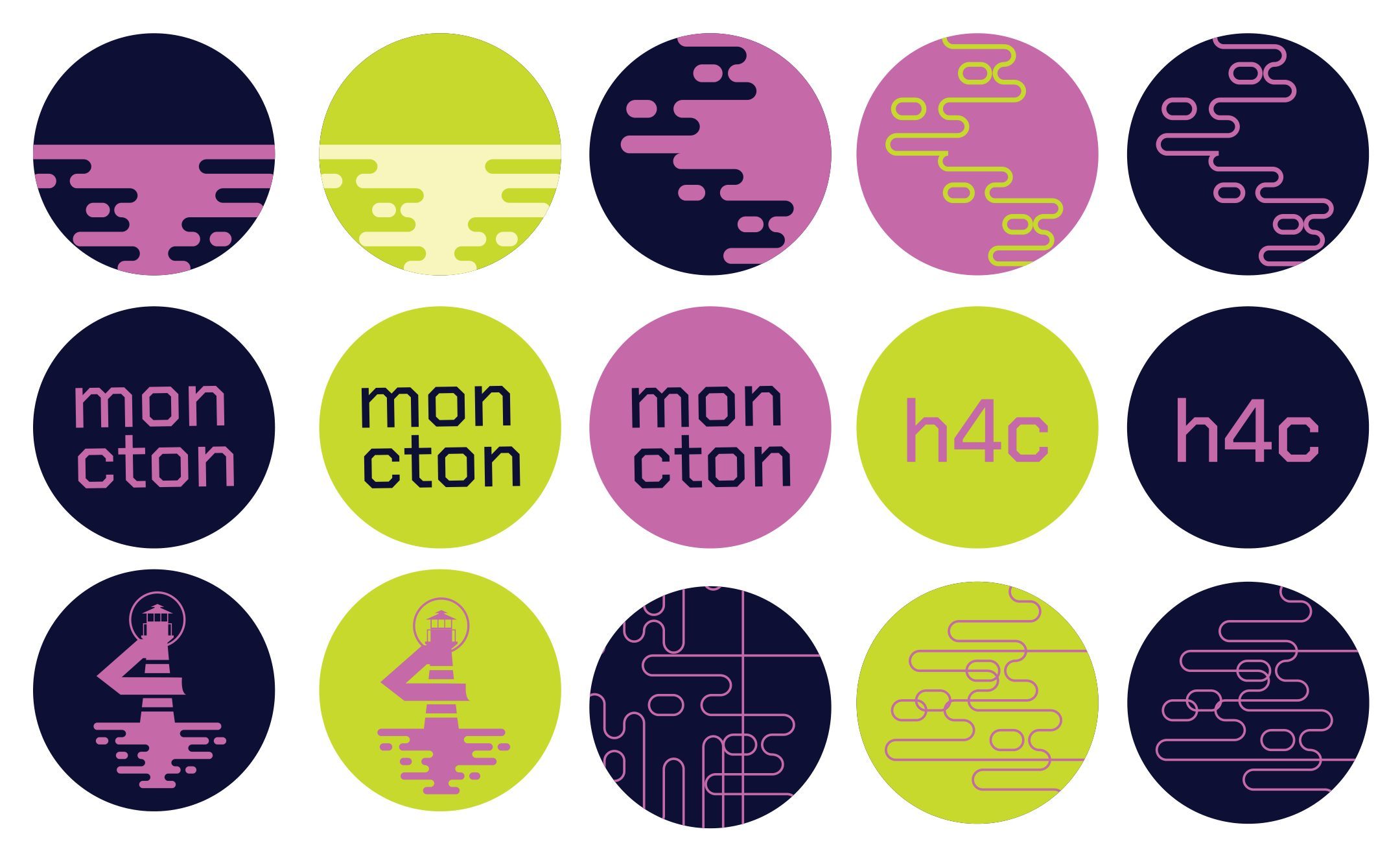 Fifteen round stickers in navy, pink and lime: pattern cuts, mon cton, h4c and the lighthouse 4