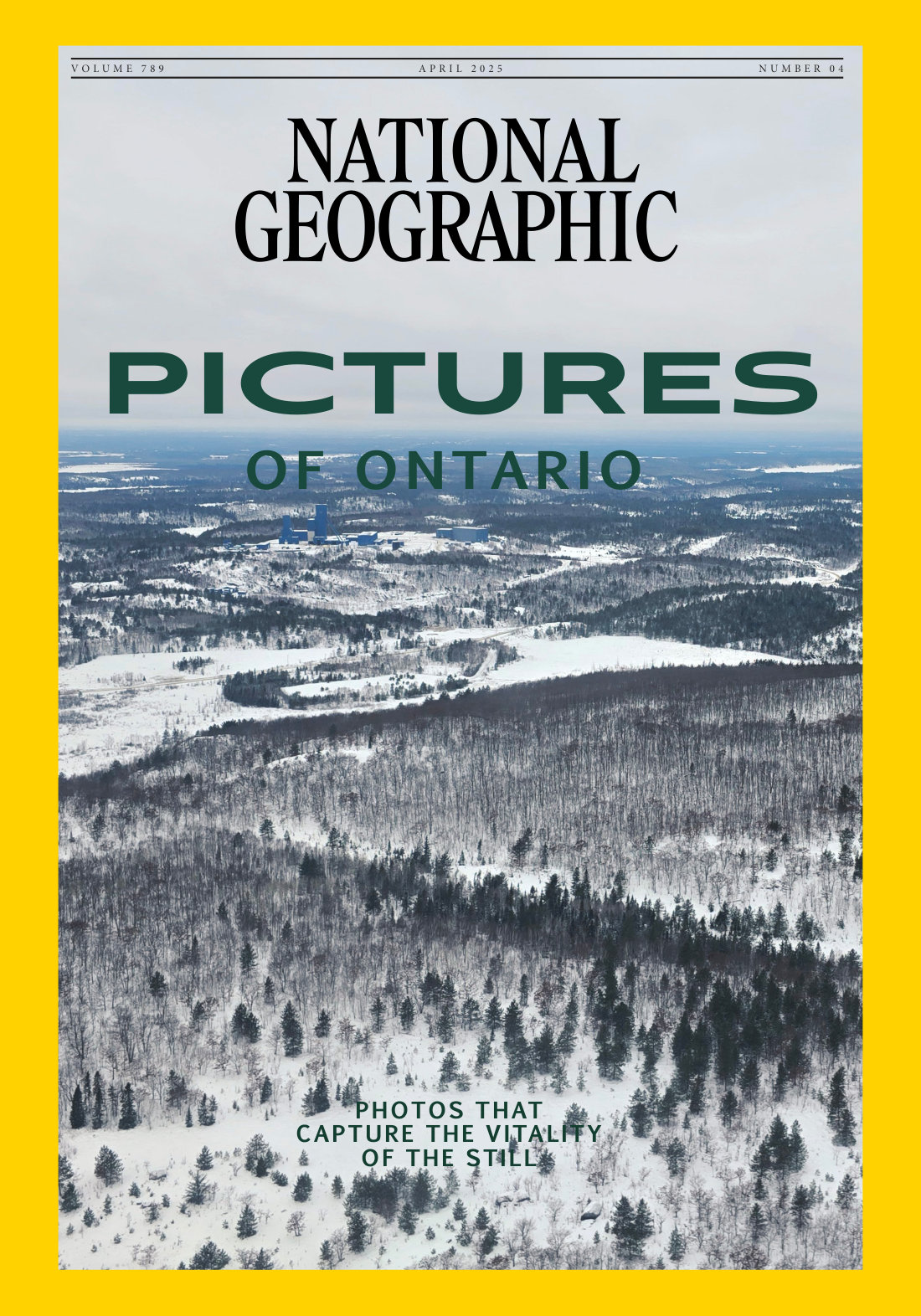 Magazine cover in the style of National Geographic, titled Pictures of Ontario, over a winter view of snowy forest with industrial buildings in the distance