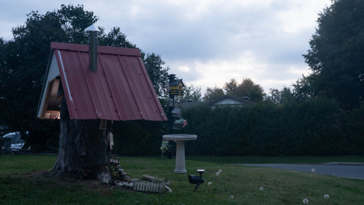 The tree house at dusk, the sky still light and the window starting to glow