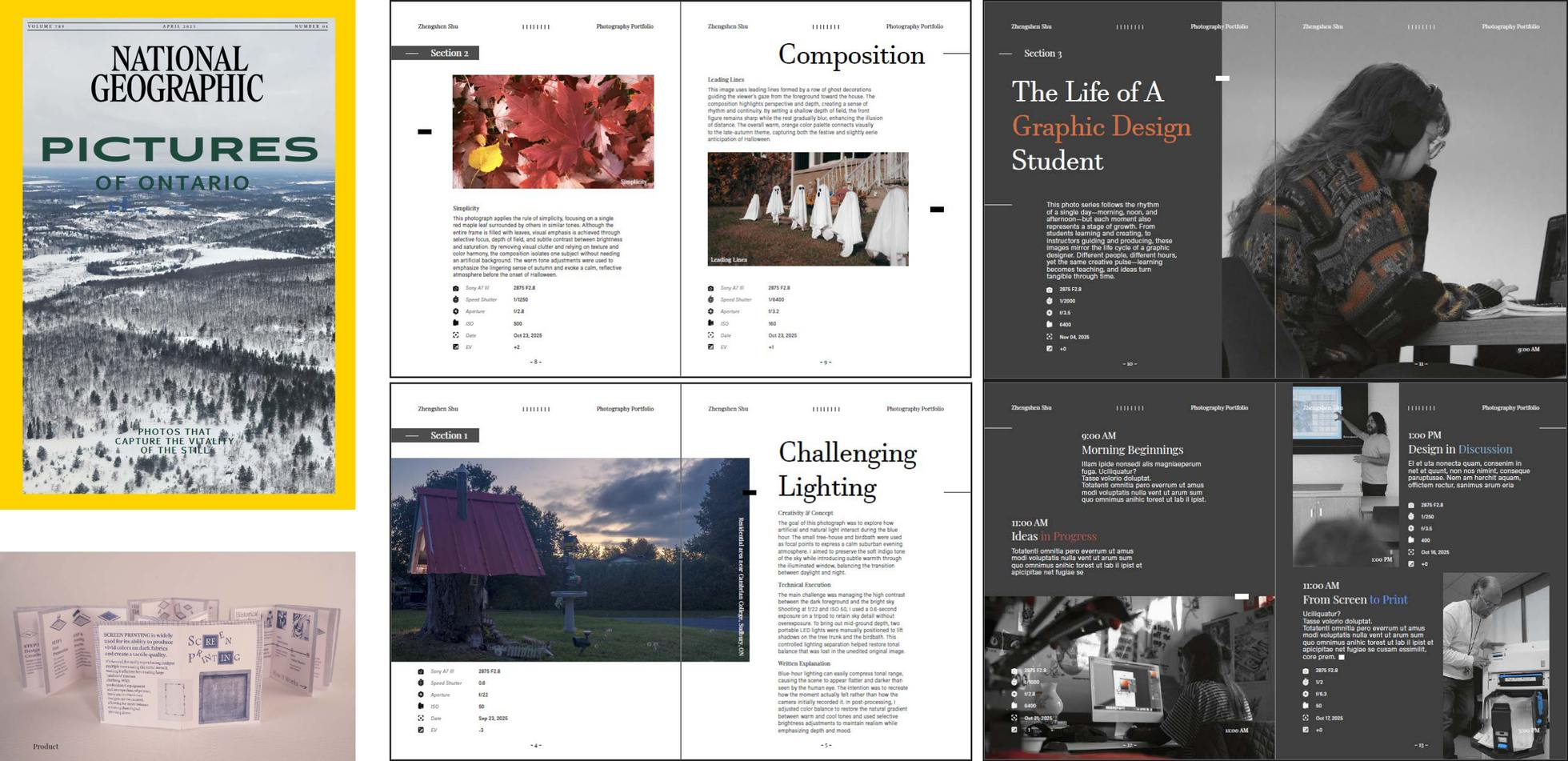 Photo magazine mockup with a cover and spreads on composition, lighting and student life