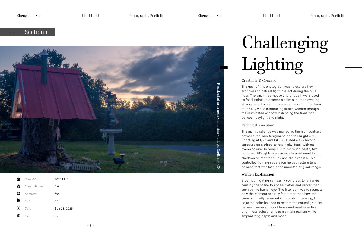 Portfolio spread titled Challenging Lighting, with the tree house photograph, camera settings and text