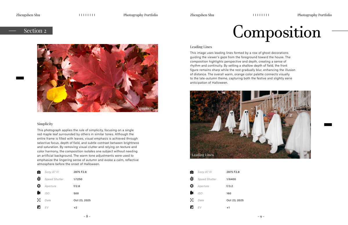 Portfolio spread titled Composition, with the maple leaf and ghost photographs, camera settings and text