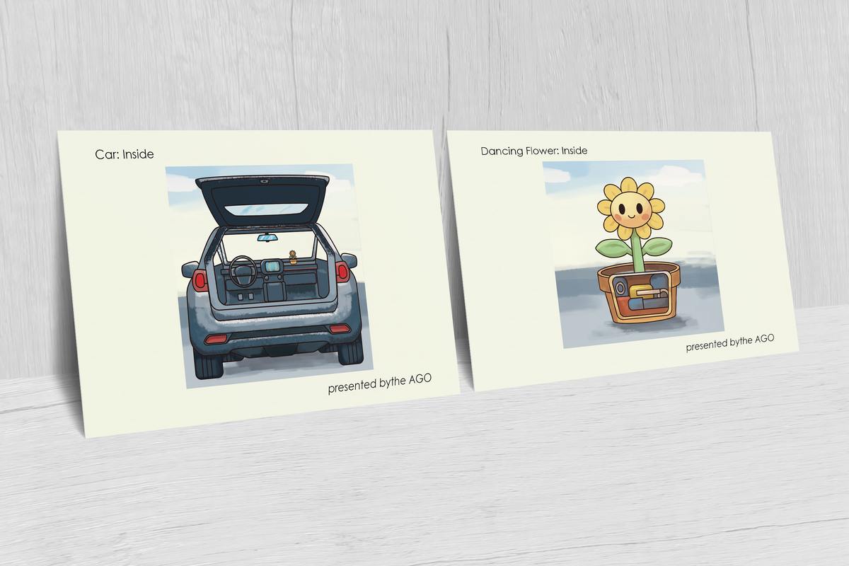 Two postcards leaning on a wall, showing the inside of the car and of the flower pot
