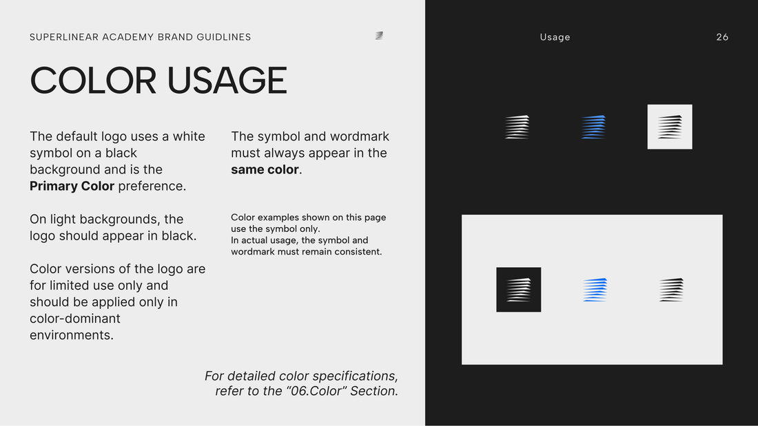 Colour usage page: the symbol in white on black, in black on light grey and in blue