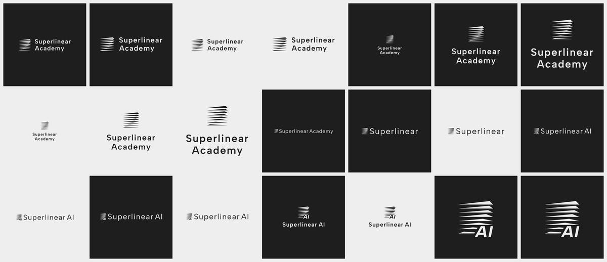 Grid of Superlinear Academy and Superlinear AI lockups on black and white