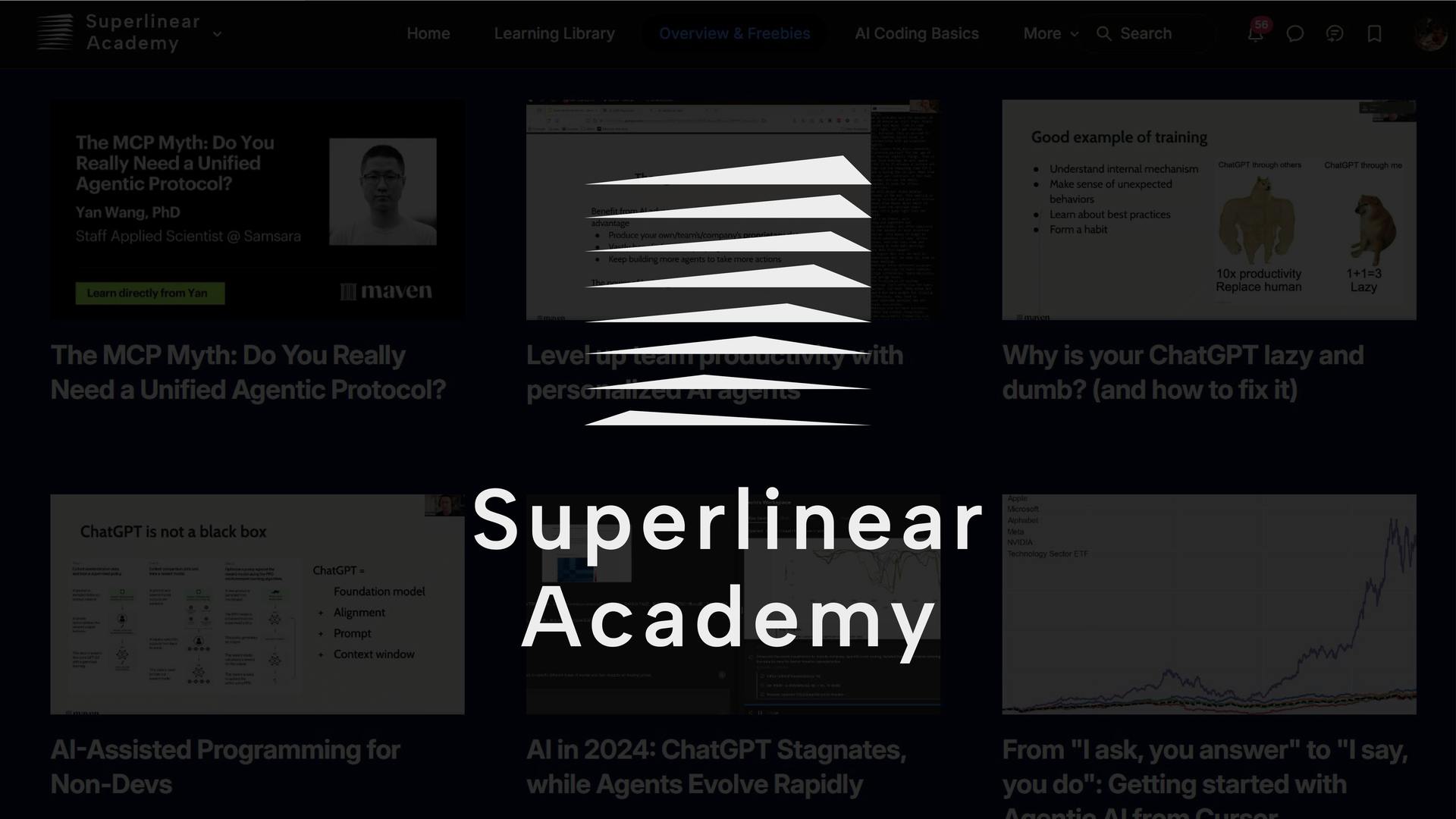 Superlinear Academy website with the redesigned logo over the article library