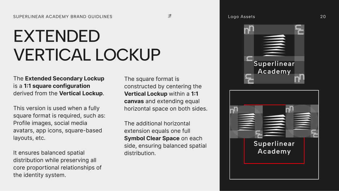 Guideline page for the extended vertical lockup, set on a 1:1 square