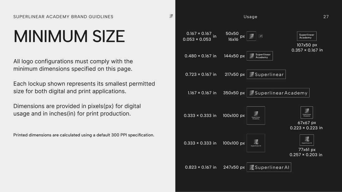 Guideline page listing the minimum size of each lockup in pixels and inches
