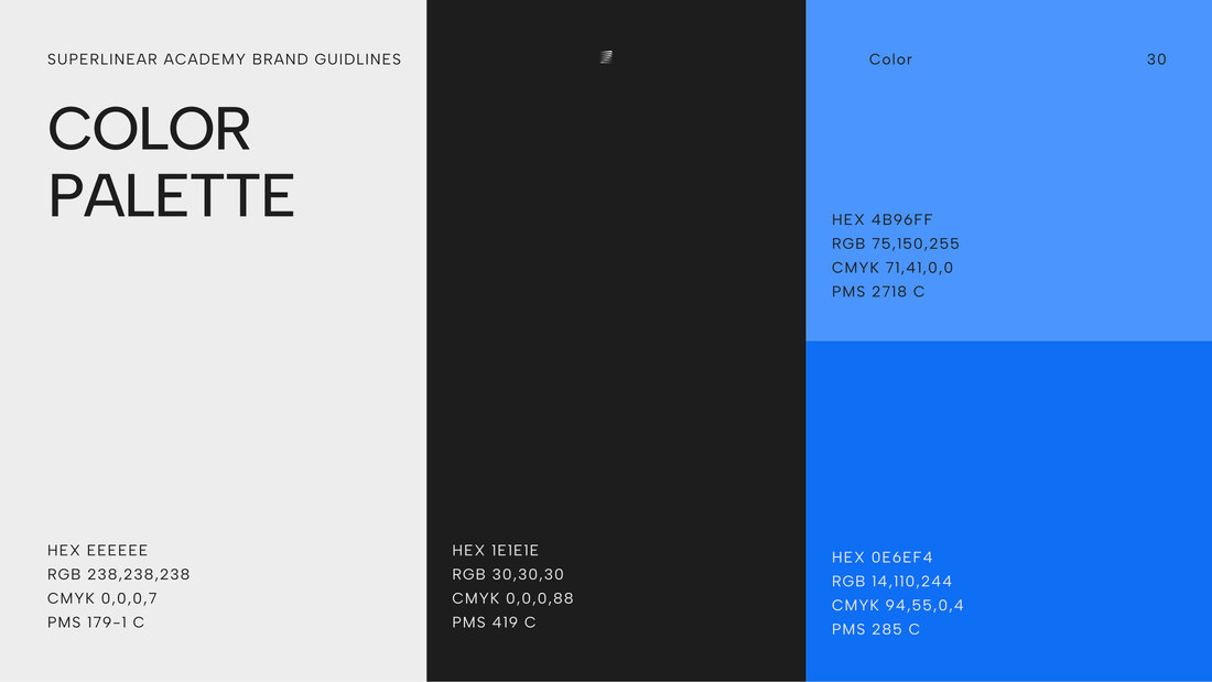 Colour palette page: light grey, near-black and two blues with their hex, RGB, CMYK and Pantone values