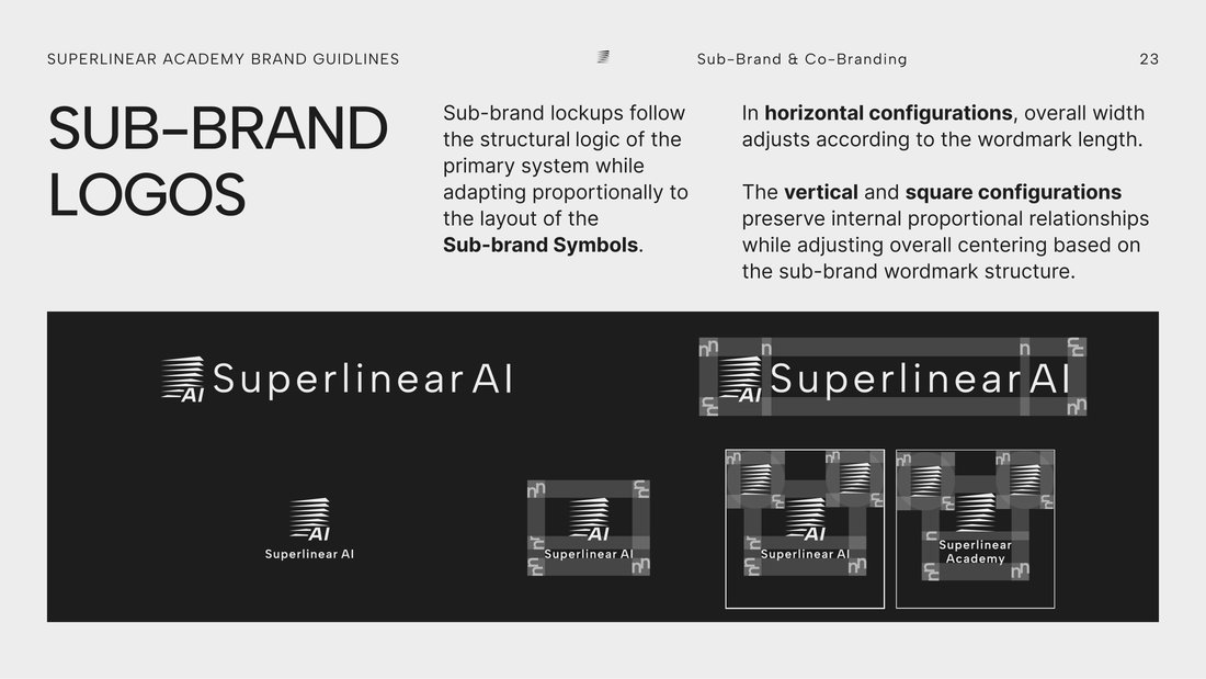 Guideline page for the Superlinear AI sub-brand logos in horizontal, vertical and square layouts
