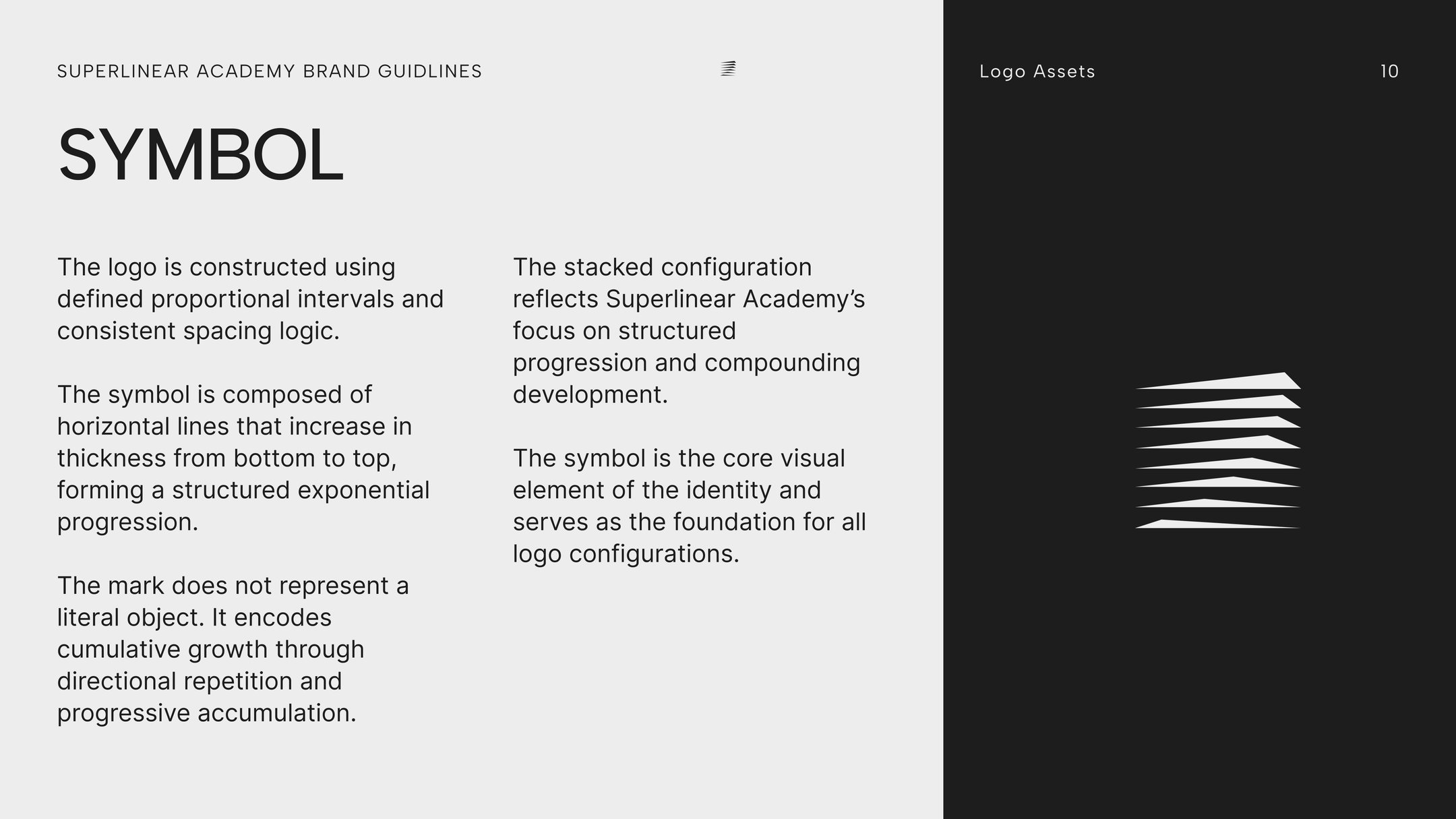Symbol page from the brand guidelines: the stacked mark of horizontal strokes that thicken from bottom to top, white on black